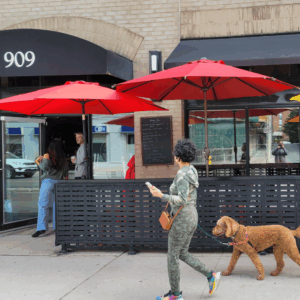 outdoor of a cafe with red umbrellas