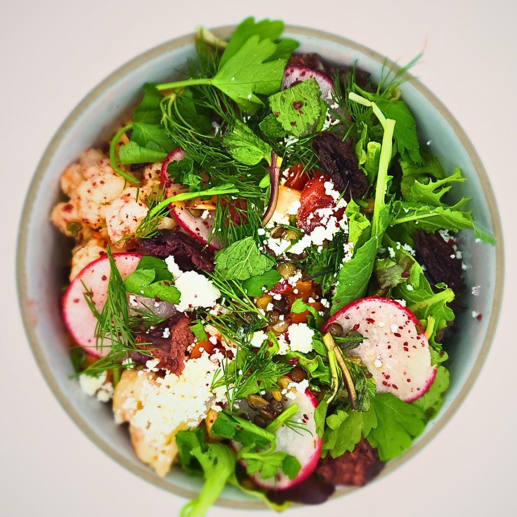 Vegetables and green herbs bowls