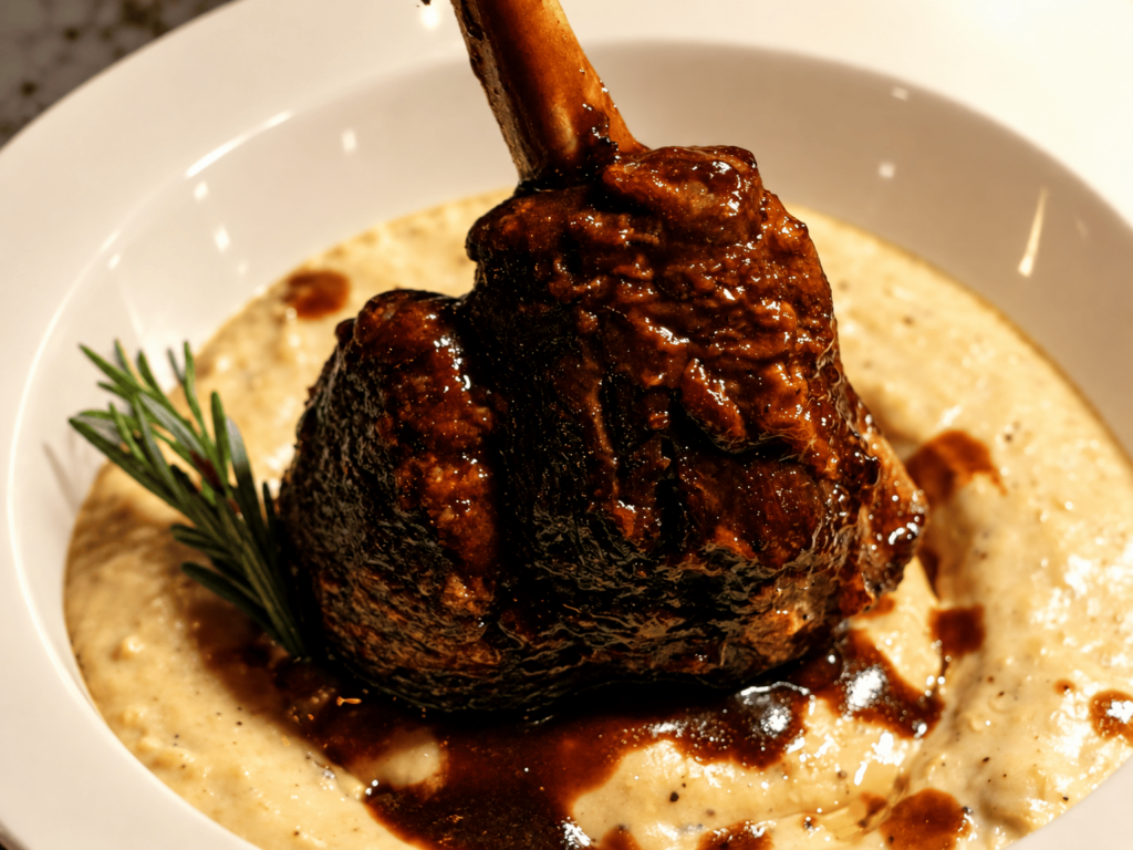 roasted leg of lamb on top of potato puree